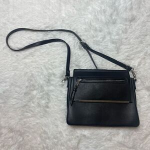 BCBG Black Leather Shoulder Bag Handbag Purse Crossbody Logo Zipper